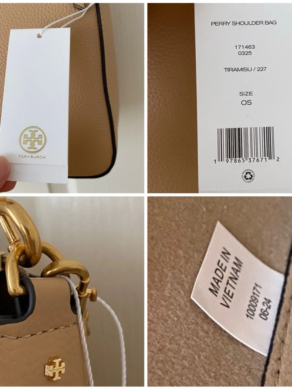 $400 NWT Tory Burch Perry Brown Tan Pebble Leather Gold Chain Strap Shoulder Bag